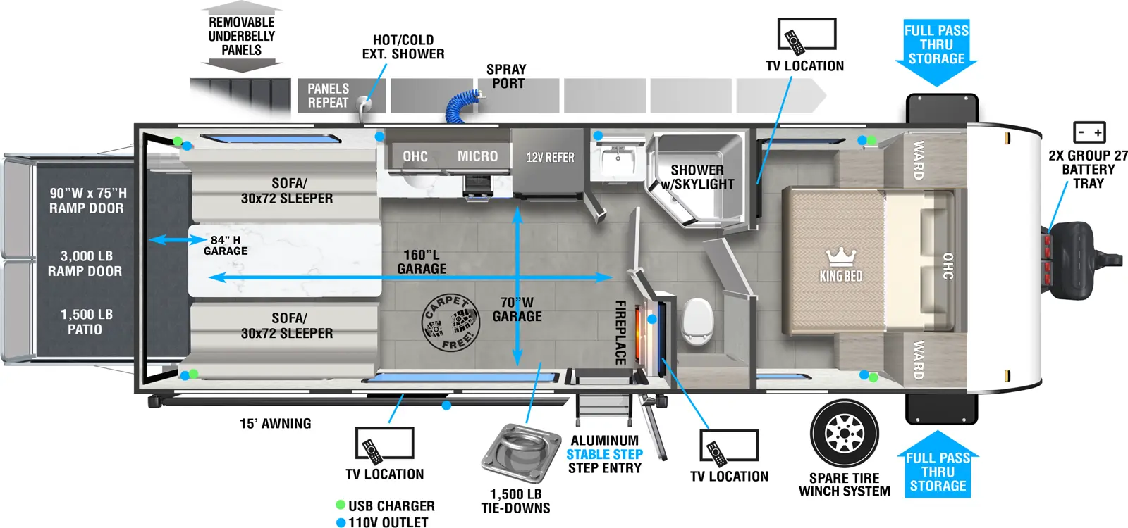 The Salem FSX 260RTK floorplan is a toy hauler that has one entry and zero slide outs. Exterior features include: fiberglass exterior and 15' awning. Interiors features include: front bedroom and pass through bathroom.